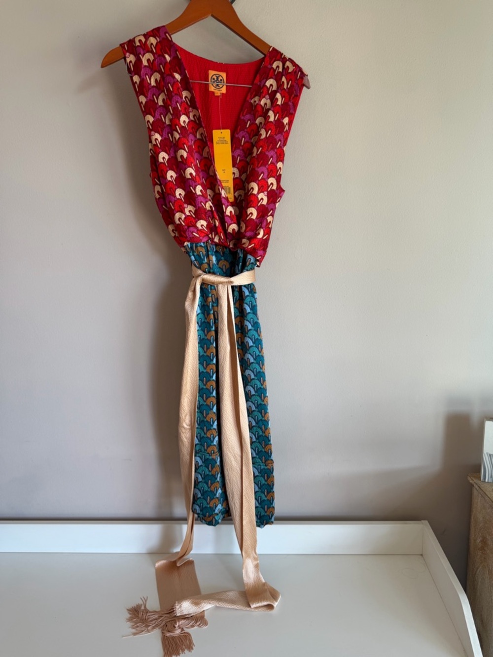 Tory Burch Darya Dress Red Blue Mixed Print Sleeveless Tassel Belt New 14